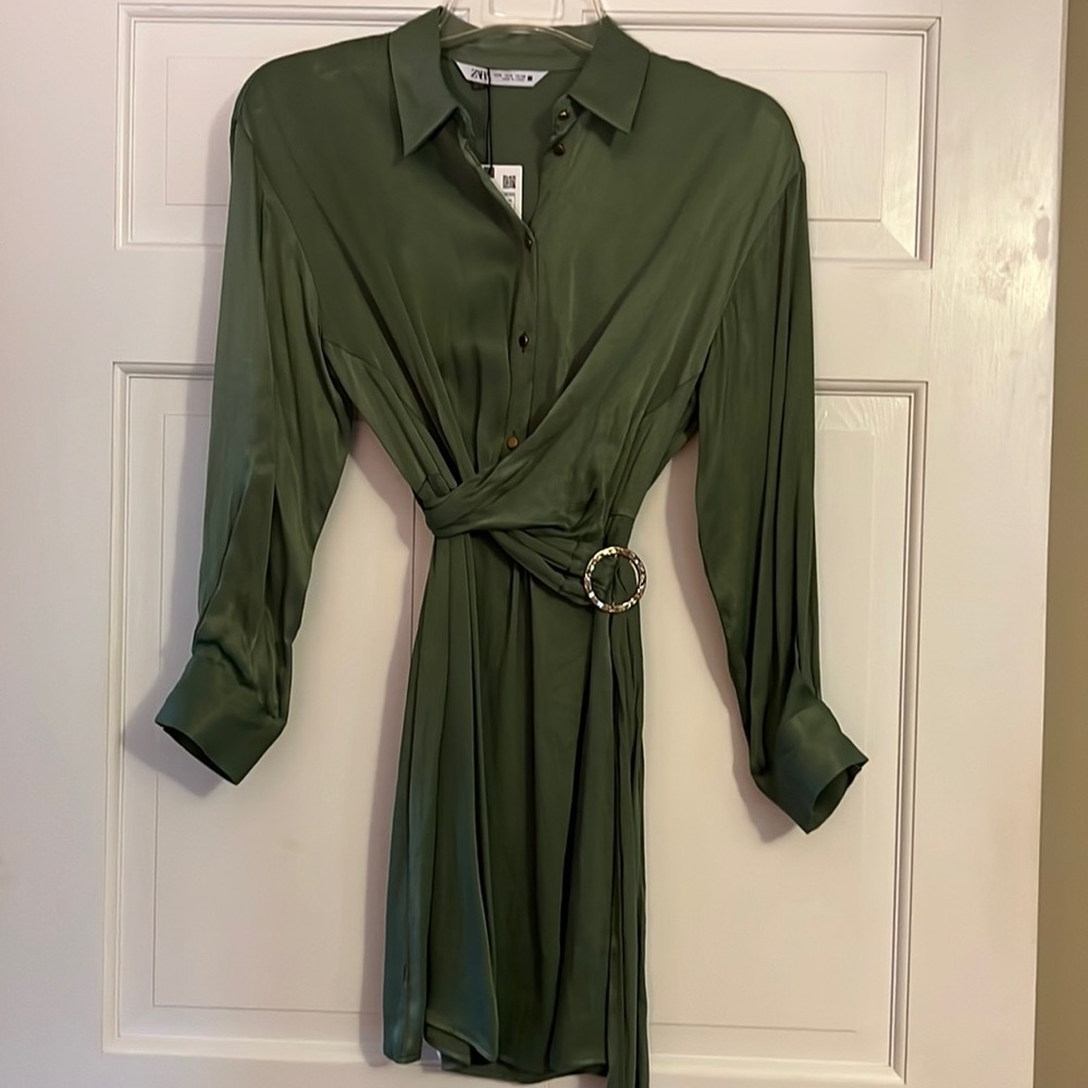 Zarra dress sage green gold button and buckle accent never won